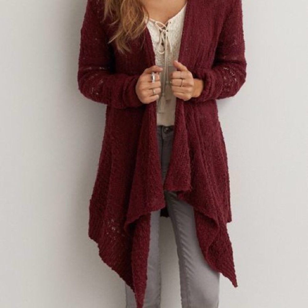 long angled burgundy cardigan sweater